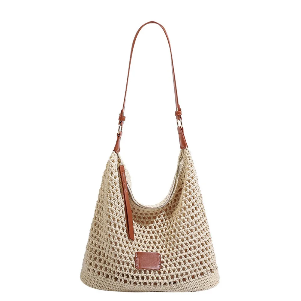

Solid Color Large Capacity Crochet Tote Bag Lightweight Korean Style Hollow Woven Bag PU Strap Cotton Knitting Handbag Beach