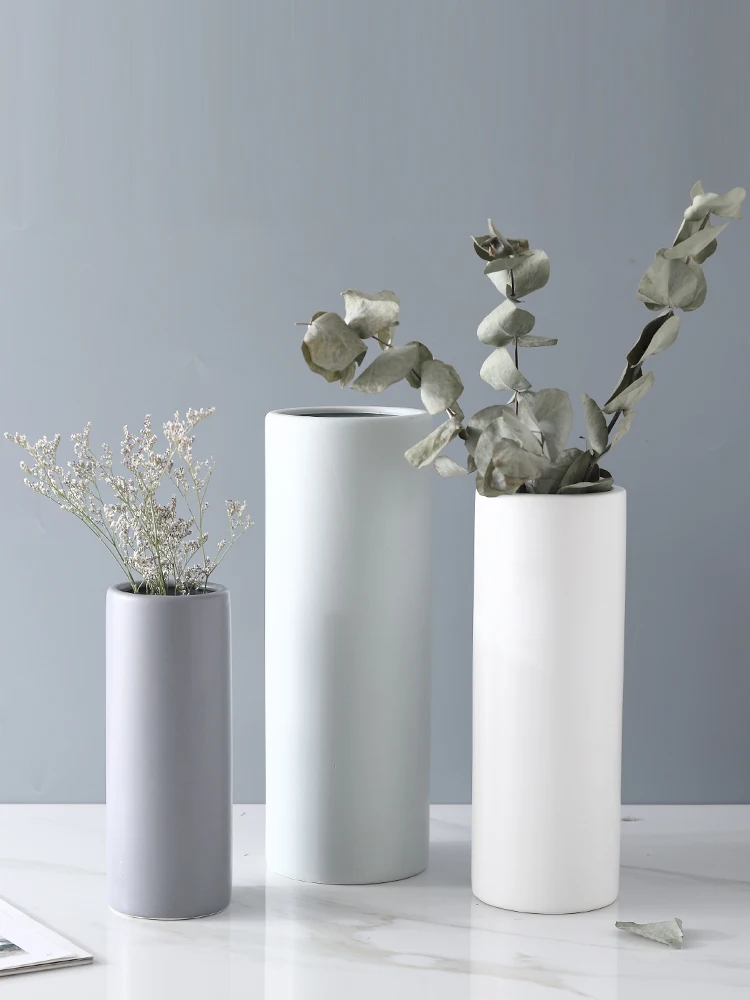 Nordic creative cylinder matte ceramic vase white simple home decoration living room ornaments fresh dried flower plug