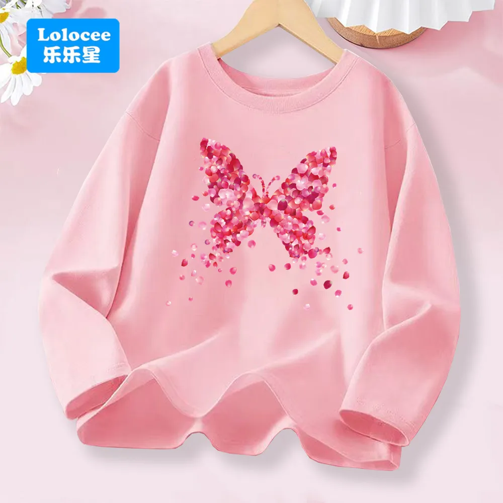 Pink Flower Butterfly Style Trend Clothing For Girls' Fashion T-Shirt Cartoon Spring Autumn Long Sleeve Tee Graphic Top