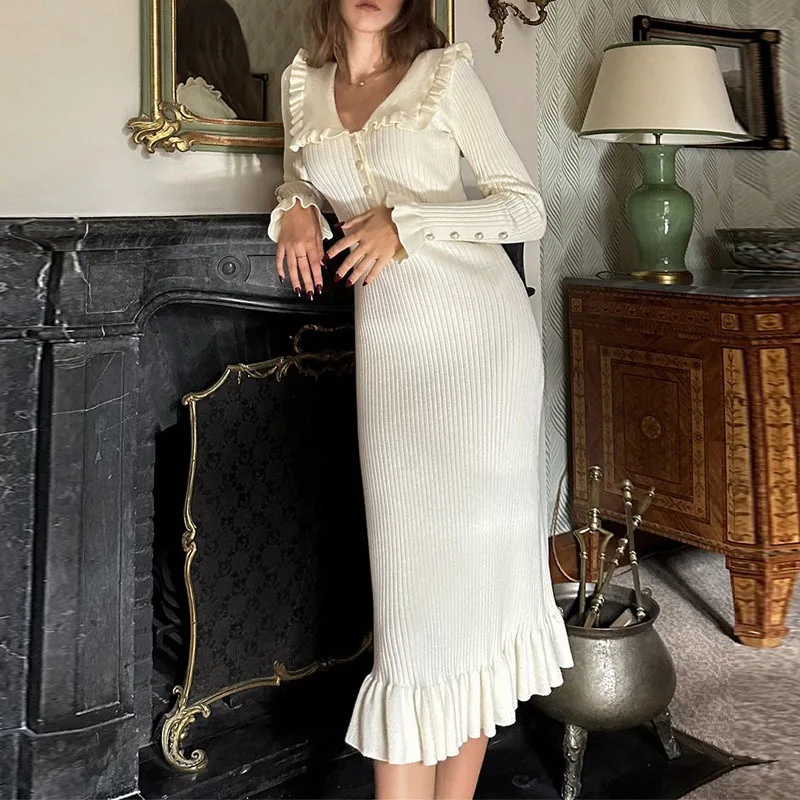 

Fashion Turn-down Collar Knit Maxi Dress Elegant Button Up Long Ruffle Dress Lady Elegant Vestidos Korean Evening Dresses Платье