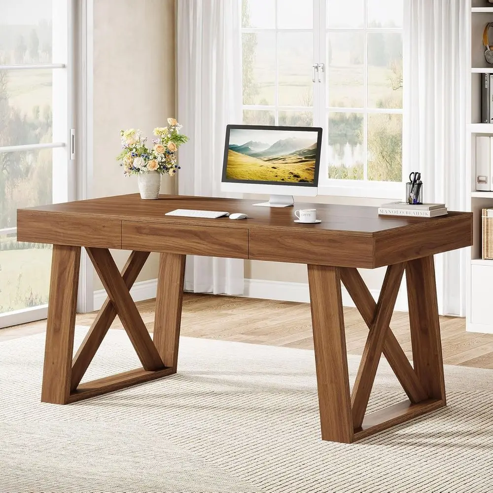 

55 Spacious Executive Desk, Vintage Brown Wood Office Workstation for Home or Business
