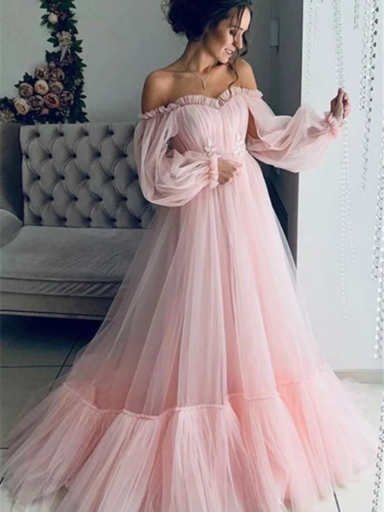 Women Off Shoulder Tulle Maxi Dress Puff Long Sleeve A Line Flowy Gown Sweet Pink Wedding Bridesmaid Evening Formal Dress