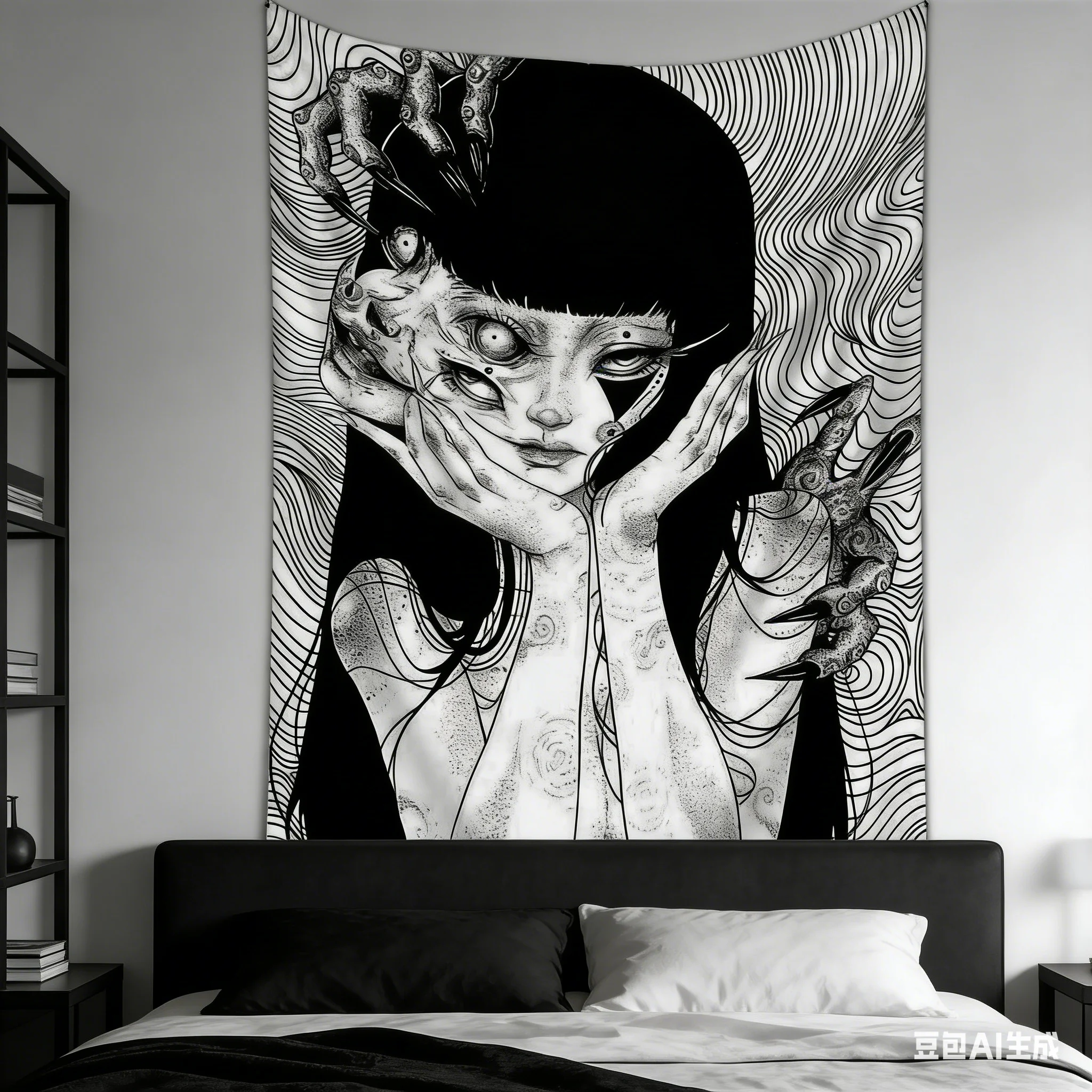 1pc Creepy Anime Girl Tapestry, Polyester 2D Print, Monochrome Wall Hanging for Bedroom & Living Room, Horror Art Home Decor & W