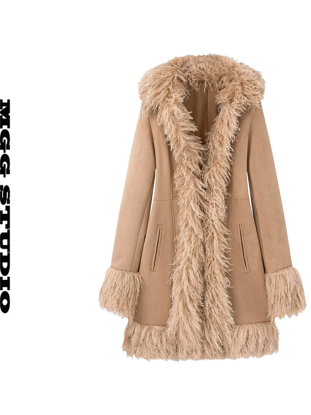 

Fashionable Suede Patchwork Long Sleeve Woolen Coat Open Cardigan Mid-Length Warm High Waist Straight Cut Style for Young Women