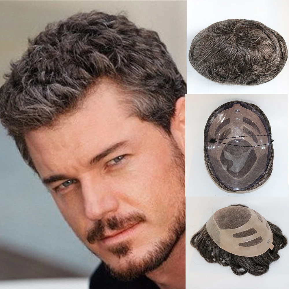 שיער אדם של poupy קו שיער טבעי של גברים שיער שחור 240 אפור פאות החלפת יחידה נימי תותבת נימי תותבת