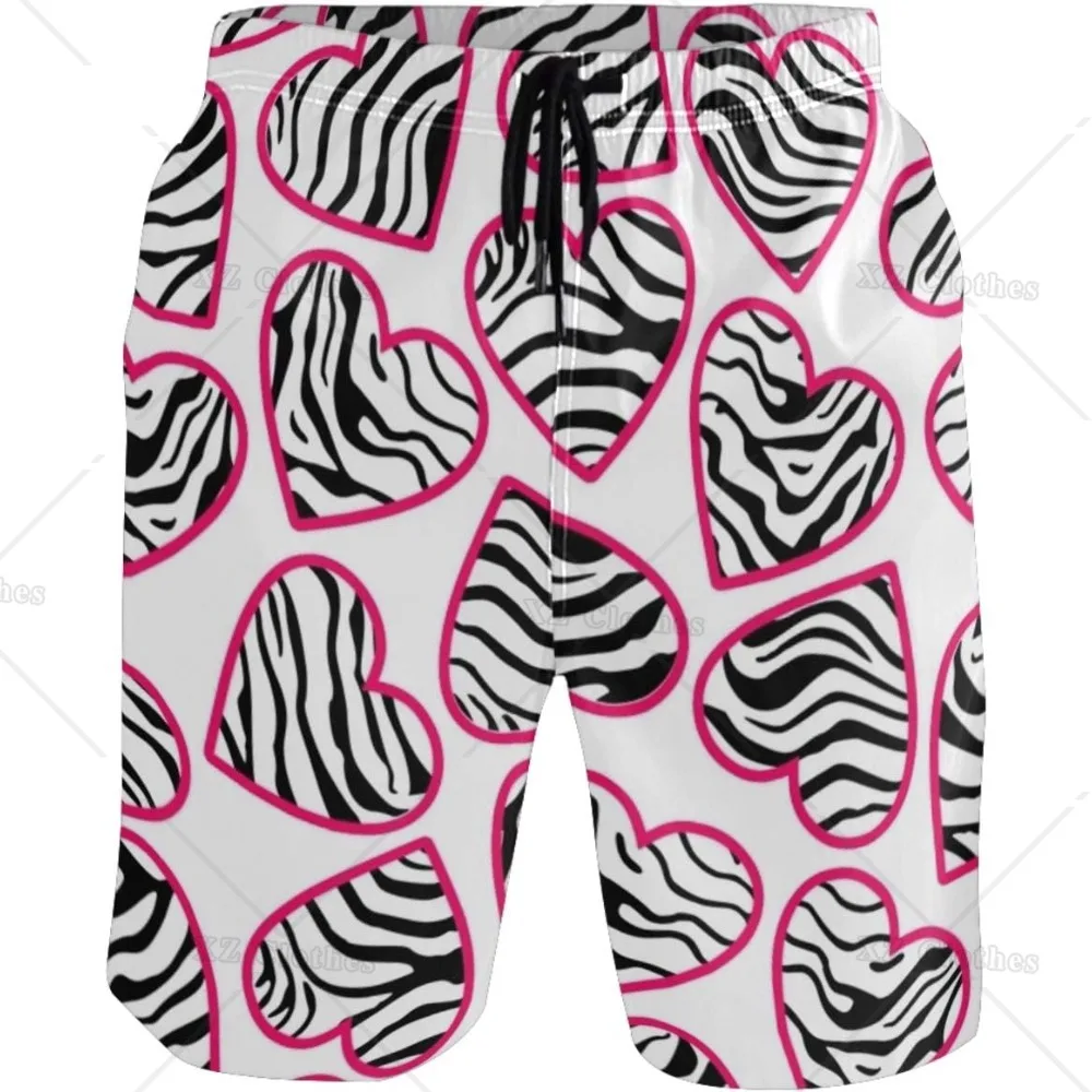 

Men's Pink Love Heart and Zebra Stripe Print Beach Shorts Hot Summer Swim Trunks Sports Running Bathing Suits with Mesh Lining