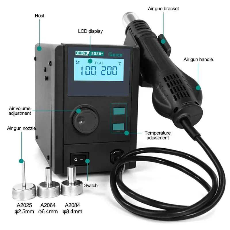 QUICK 858D + Stazione di controllo intelligente della temperatura Pistola termica 110V 220V Aggiornamento 750W Stazione di rilavorazione dissaldante