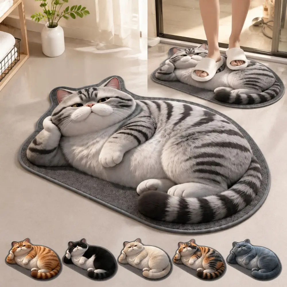 Diatomaceous Earth 3D Cat Floor Mat 40×60CM Realistic Bathroom Carpet Water-absorbing Washable Bedroom Door Rug Home Decor