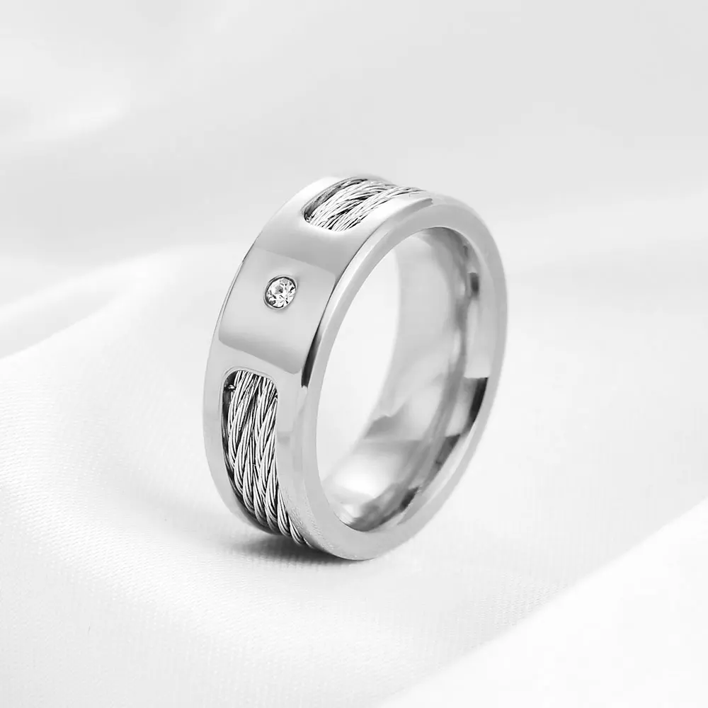 Nowy pierścionek ze stali nierdzewnej 8 mm dla mężczyzn Kobiety Cyrkon Studded Cable Steel Wire Smooth Rings Biżuteria Prezent ślubny Akcesoria — zdjęcie 6