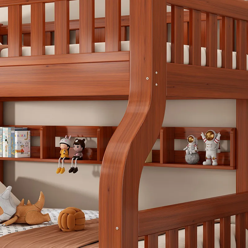 เตียงสองชั้นไม้จริง แบบสูงต่ำ เตียงไม้สองชั้นบนล่าง สำหรับอพาร์ทเมนต์ขนาดเล็ก แบบอเนกประสงค์