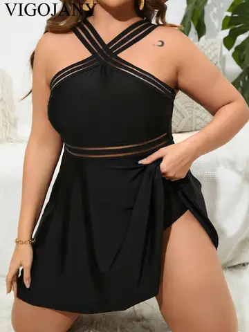 VigoJany 2026 Women Black Plus Size Dress Swimwear Cross Strapped Large One Piece Swimsuit Summer Beach Chubby Big Bathing Suit
