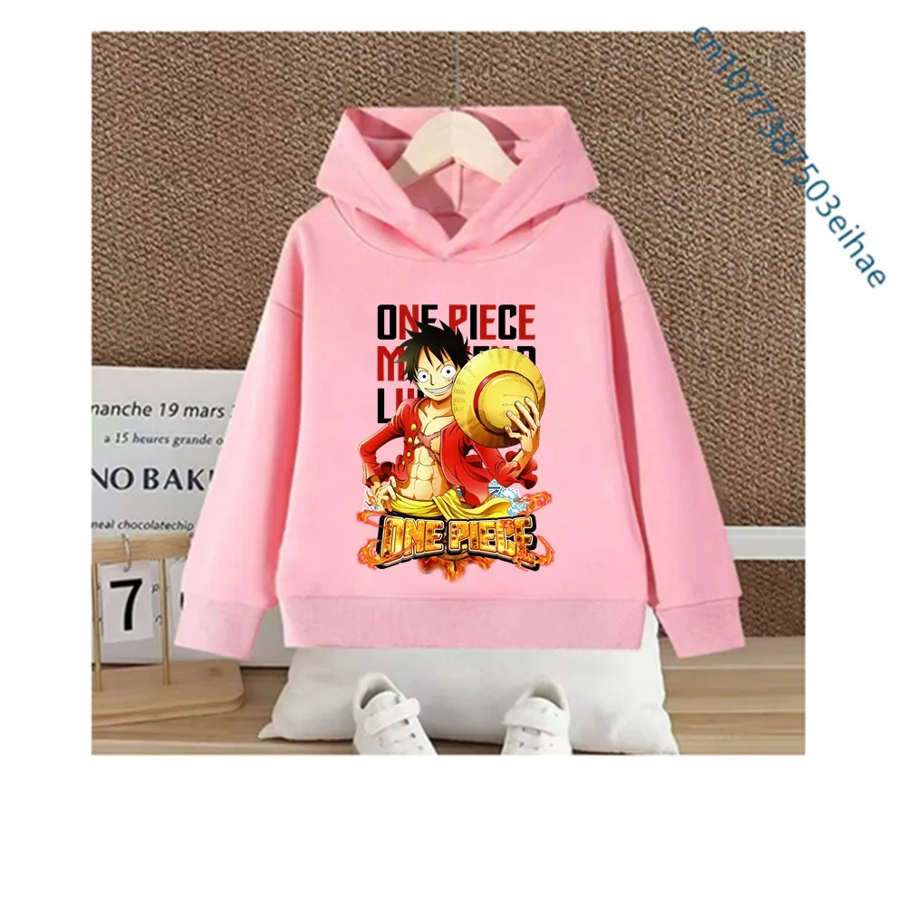 Children One Piece Luffy Hooded Pullover Y2K Casual Streetwear Anime Print Sweatshirt Trendy Outfit for Everyday Dressing