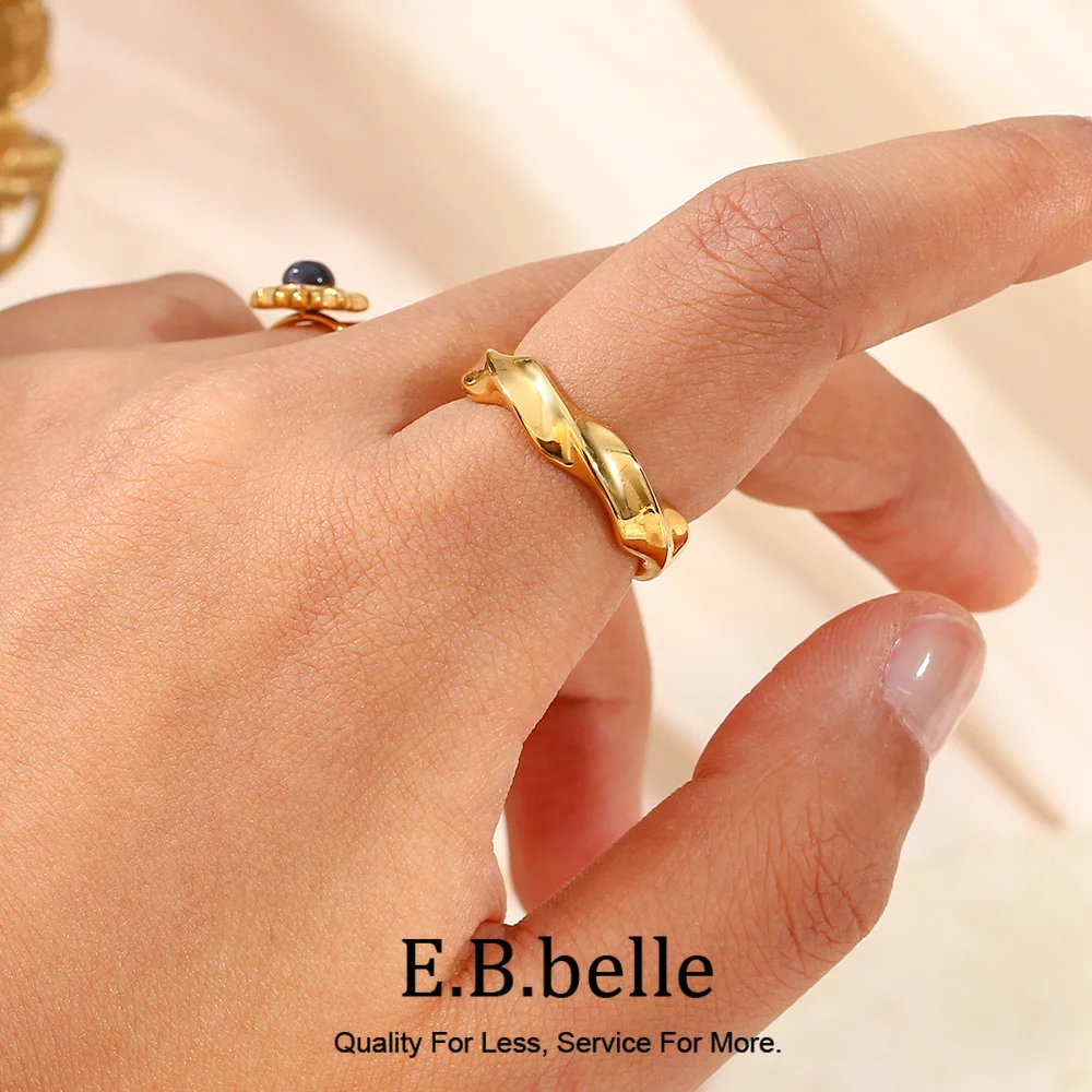 E.B.belle Minimalist Basic Waterwave Twist Gold Rings For Woman Stainless Steel 18K Gold Plated Waterproof Women Rings Jewelry