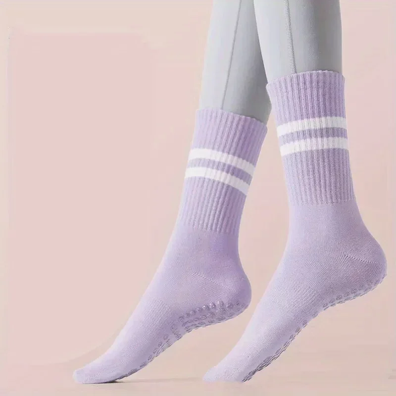 1Pair Non-slip Breathable Cotton Fitness Mid-calf Socks, For Dancing, Pilates