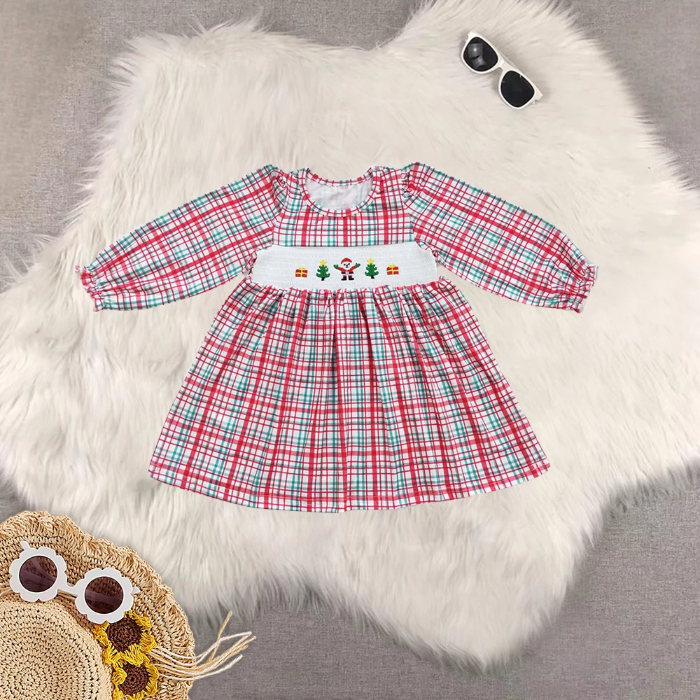 

8.21 Embroidery Baby Girls Christmas Red Plaid Santa Tree Dresses