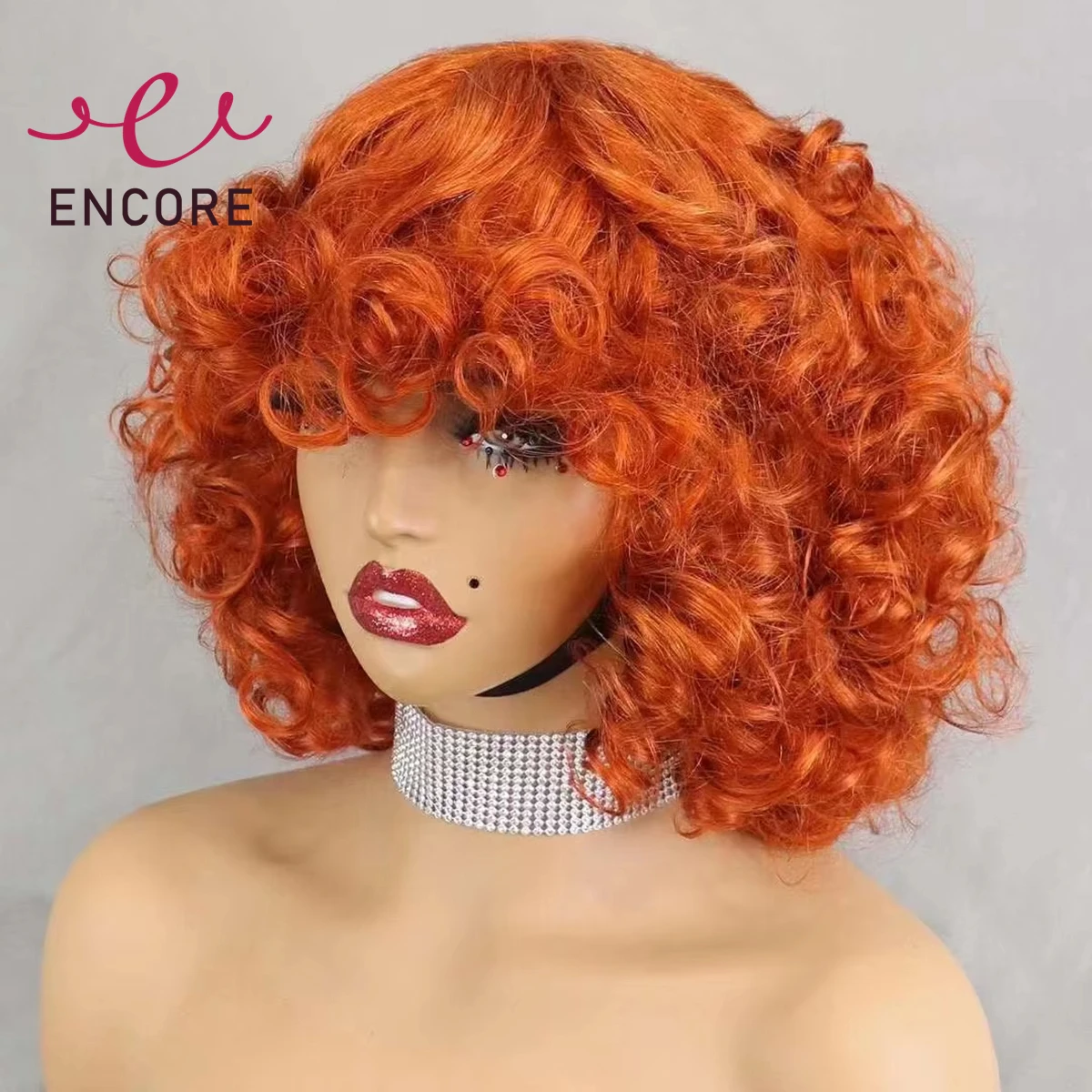 

350# Ginger Orange Bouncy Curly Human Hair Wigs with Bangs 200% Density Short Machine Made Curly Bob Wigs PrePlucked for Women