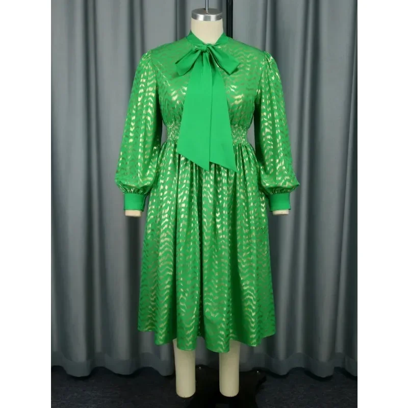 Women Green Printed Dress Lace Up Bowtie Long Lantern Sleeve A Line  Shiny Fashion Elegant Party Office Ladies Plus Size