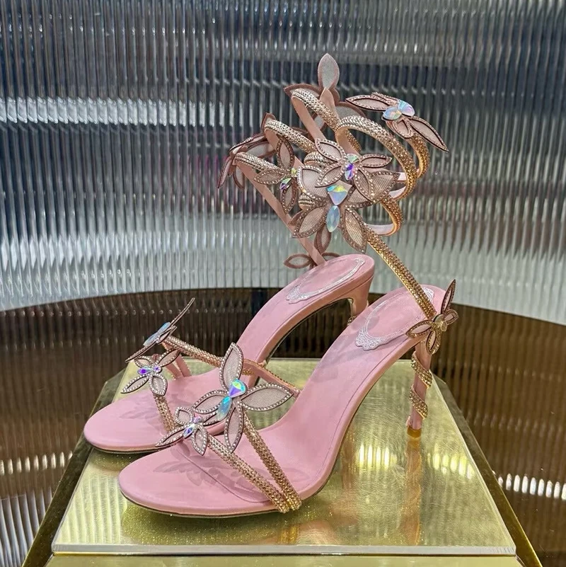 Thin High Heels Sandals Women Rhinestone Butterfly knot Decor Snake Shaped Elastic Strap Gladiator Sandalias Summer Dress Shoes