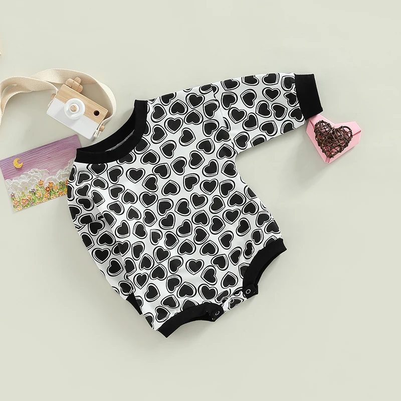 Infant  Adorable Heart Patterned Long Sleeve Round Neck Romper for Casual Fall and Spring Wear