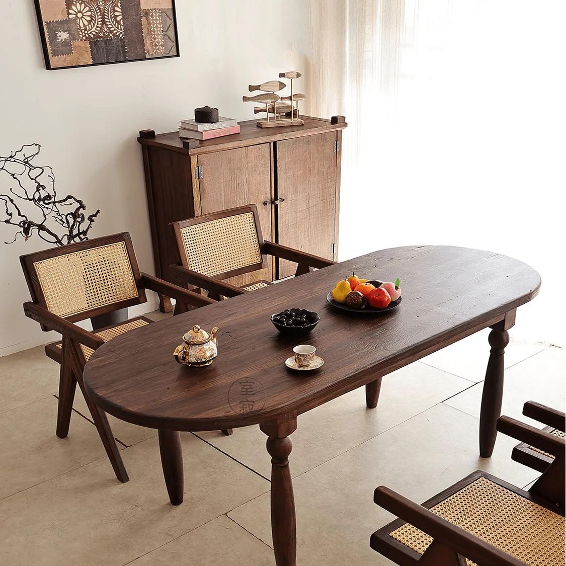 @3 # Wabi-Sabi & French Eco-Friendly Retro Solid Wood Oval Long Dining Table Tea Table For Living Room Cafe Homestay Hotel
