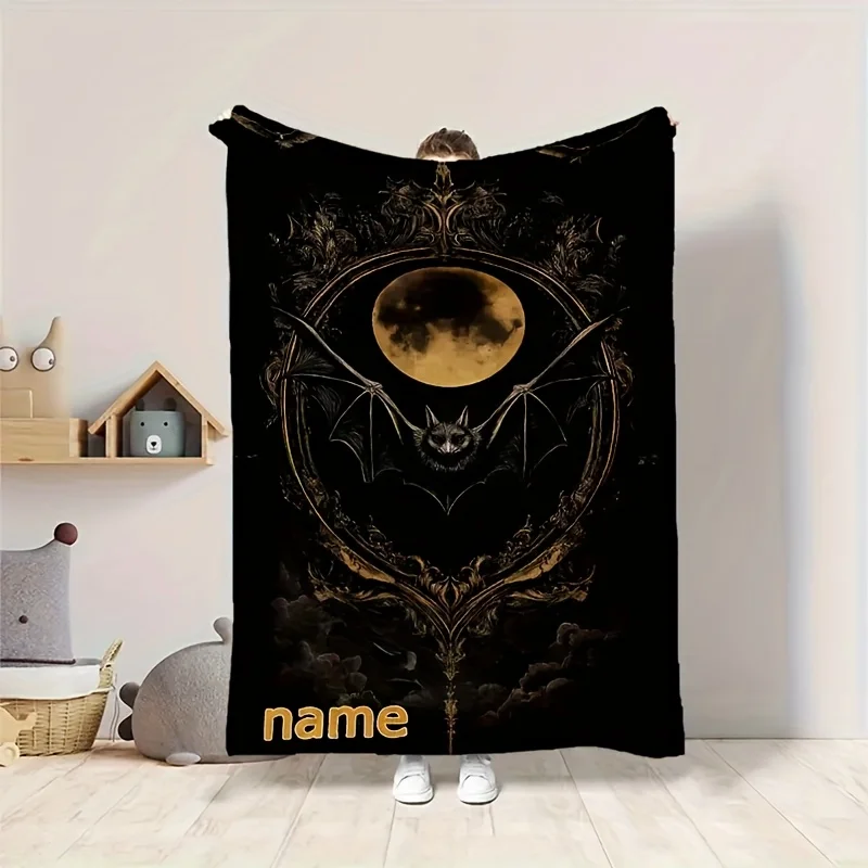 

Personalized Gothic bat blanket custom name,black and golden moon bat design, suitable for home office travel Gothic enthusiasts