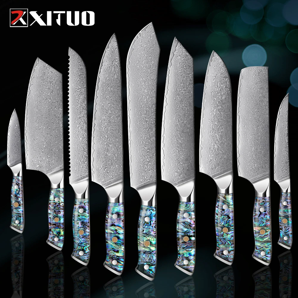 XITUO Latest Damascus Steel Knives Set Chef Knife Kitchen Cleaver Paring Bread Knife Lasting Sharp Abalone Shell Handle 1- 9PCS