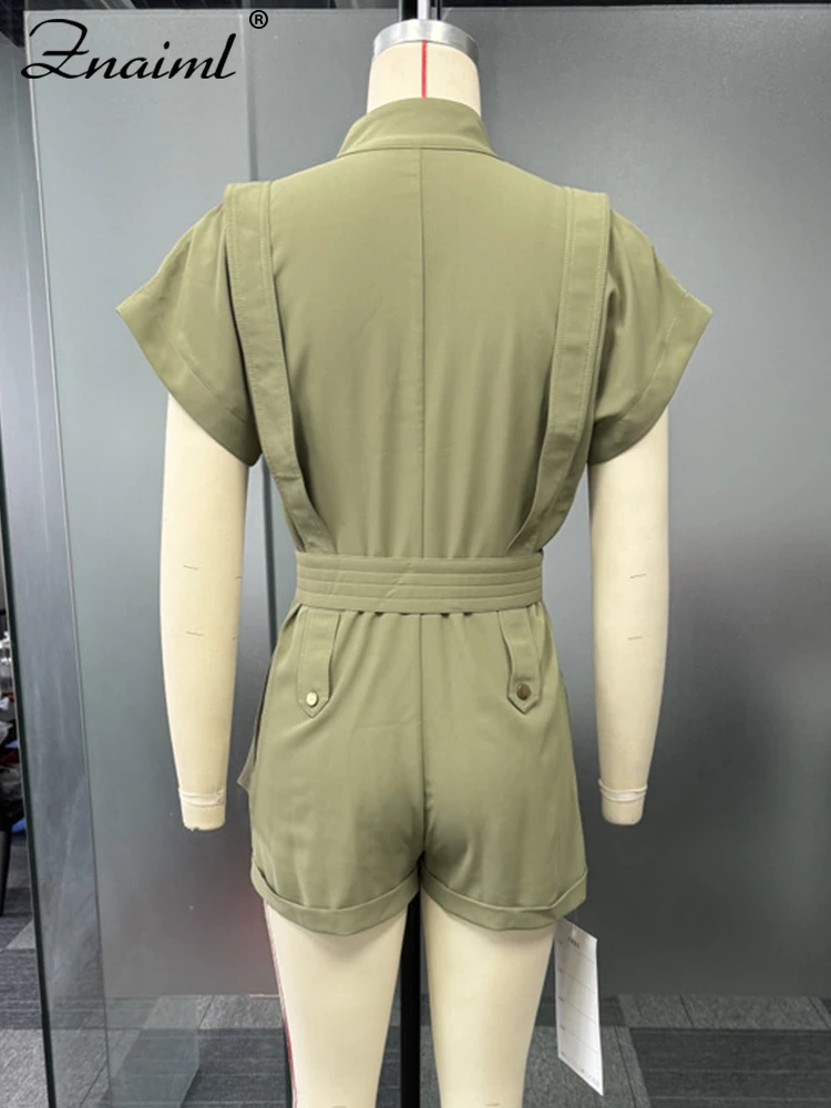 Znaiml الصيف بنطال ذو قصة أرجل واسعة Playsuits السروال القصير مع حزام المرأة بذلة السراويل السوداء قصيرة الأكمام أنيقة قطعة واحدة Overslls