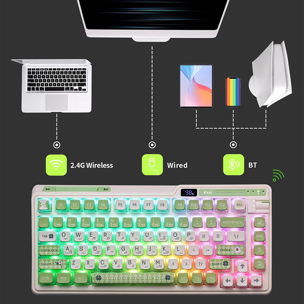 KZZI K75 Gasket Structure Tri-mode Mechanical Keyboard 82 Keys 75% RGB Backlit 2.4G Wireless Bluetooth Gamer Keyboard PBT Keycap