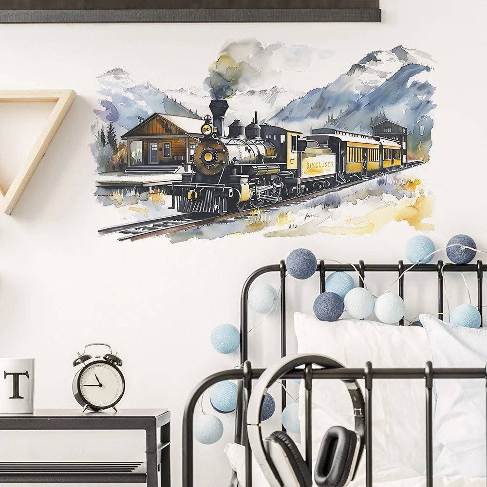 Creative Train Moving Out of The Deep Mountain Wall Sticker Self-adhesive Ink Painting Wallpaper for Living Room Bedroom Decor