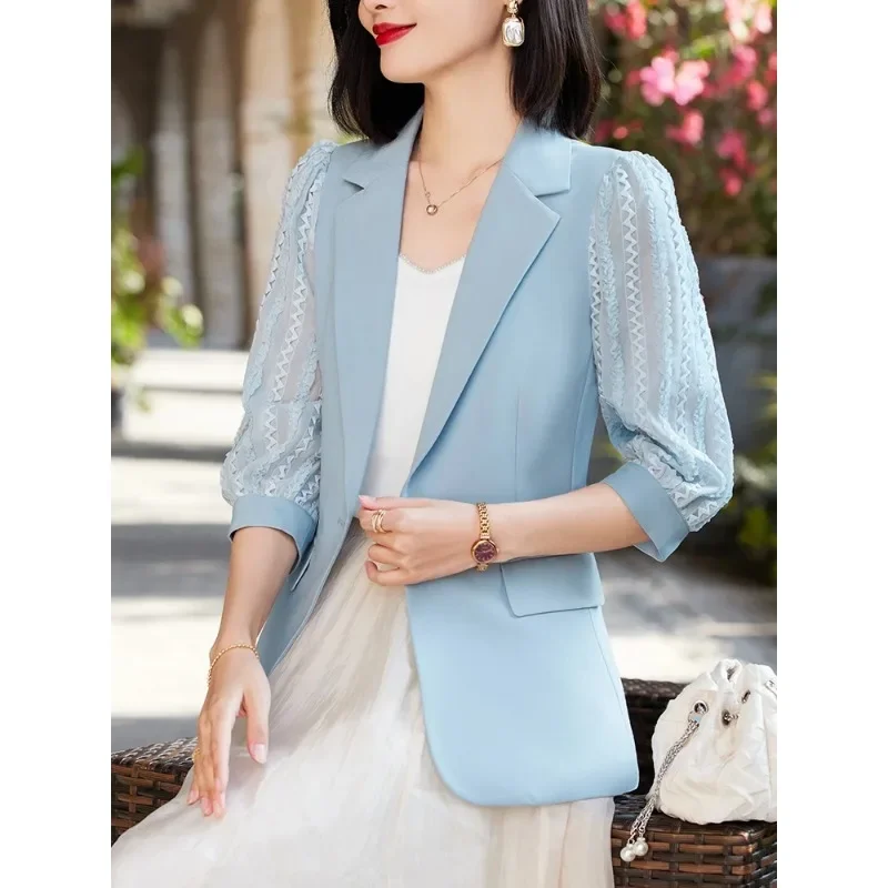 Blazer formel à manches trois quarts pour femme, veste de travail pour femme, manteau femme, bleu abricot, noir, printemps, été