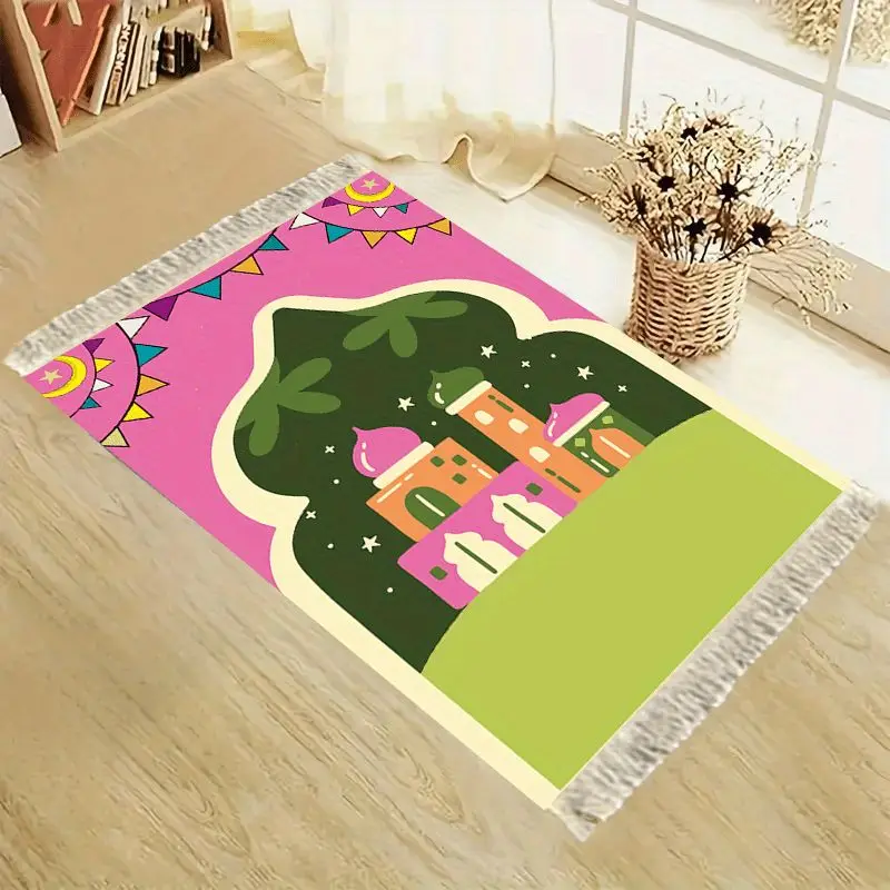VIKAMA Bright Pink Contrasting Cartoon Mosque Arch Worship Blanket Wear-Resistant And Portable Home Worship Mosque Pilgrimage