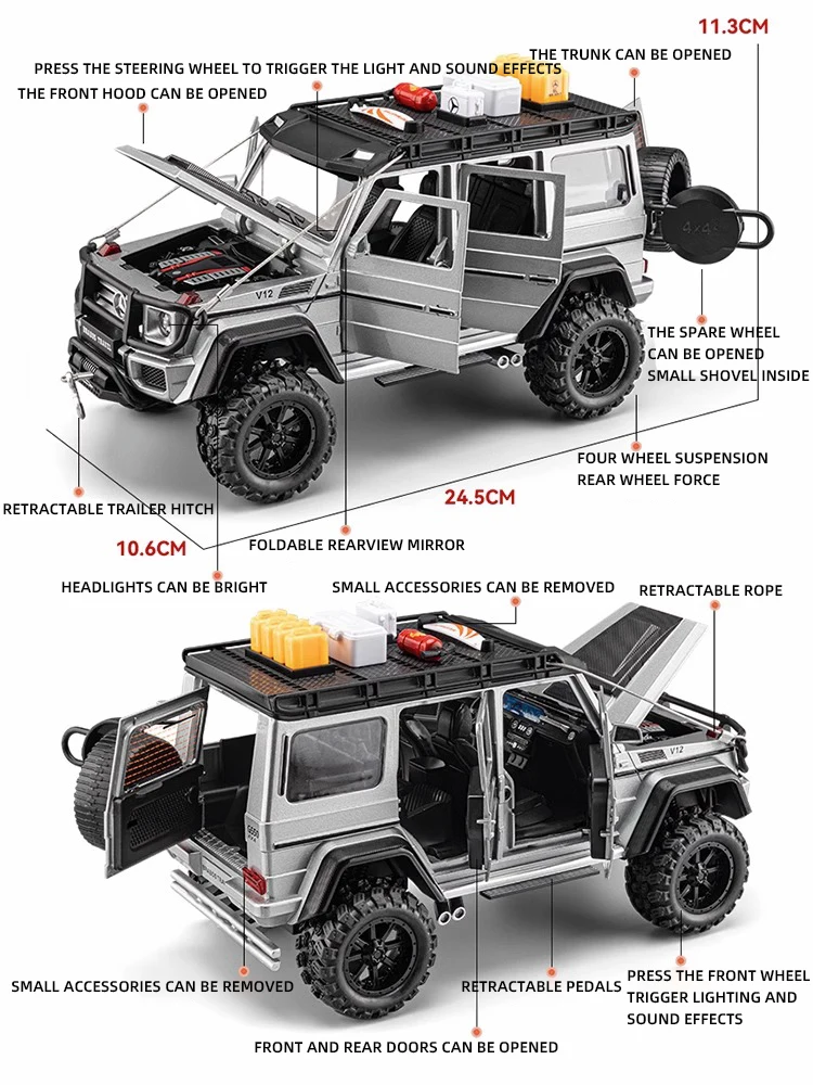 Diecast 1:24 Mercedes-Benz G550 4X4 Modified Version Off-road Car Sound and Light Pull Back Children's Toys Collection Gift Box