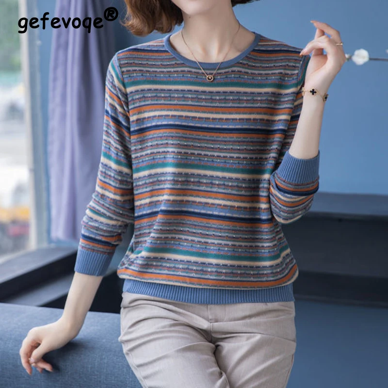 Autumn Women Stripe Print Thin Sweater Loose Knitted Sweater Casual Pullover Jumpers 2022 New Female O Neck Bottom Tops Elegant