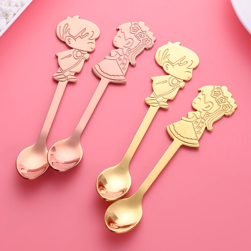 2Pcs/Set Stainless Steel Couple Coffee Spoon Dessert Ice Cream Stirring Spoon Tea Spoon Kitchen Tableware Wedding Supplies Gift