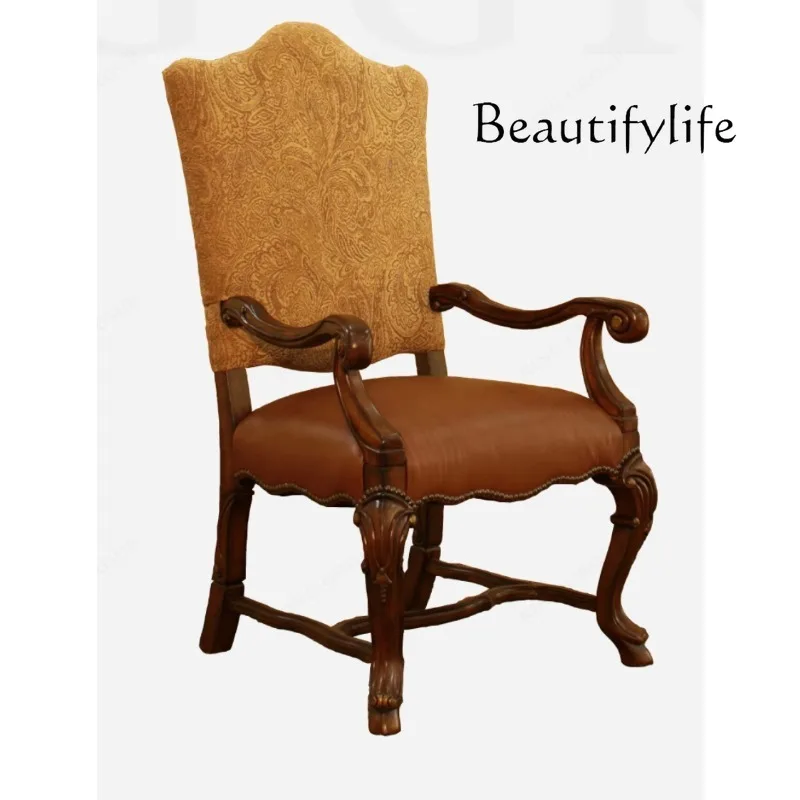 American light luxury designer solid wood leather cloth joined armrest dining chair, villa dining table and chairs