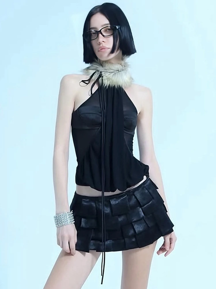 Weird Puss Fashion Backless Tank Top Women Halter Feather Patchwork Lace-Up Wild Sexy Hottie Stretch Skinny Street Clubwear Vest