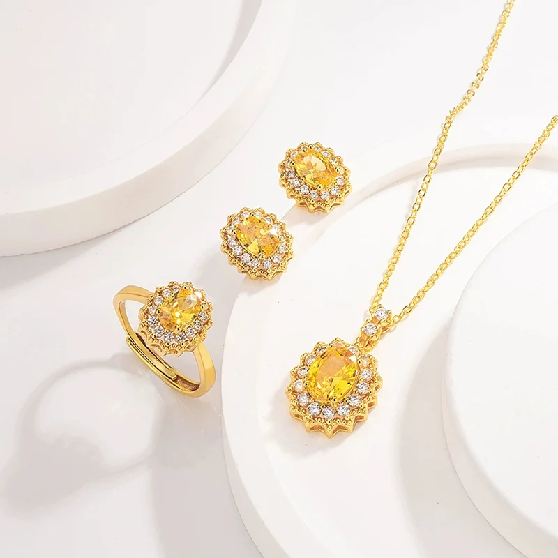 European and American Light Luxury Zircon Yellow Jewelry Set High-end Necklace Earrings Ring For Women Fashion Party Accessory