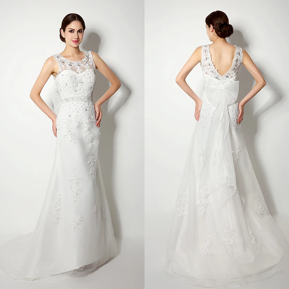 Customized Floor Length O-neck Sleeveless Beaded Court Train Vestidos Elegantes Para Mujer Para Una Boda Robe De Soirée Femme