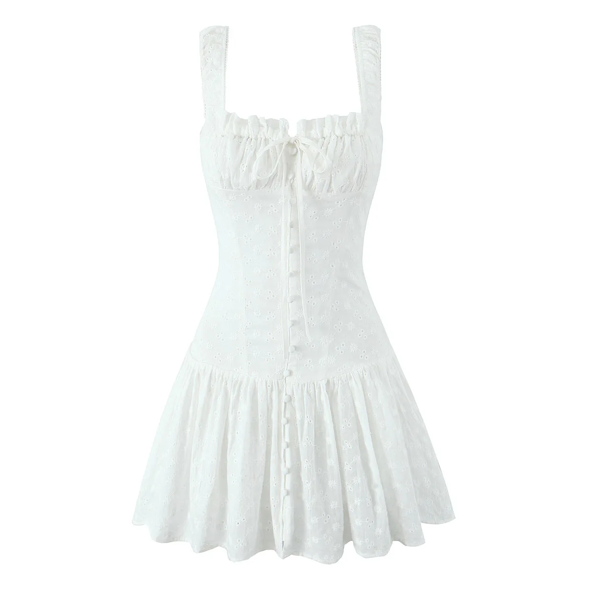 

White Flower Embroidery Mini Dress Ruffle Lace-up Buttons Cinched A-line Vestidos Summer Sweet Fashion Simple Short Dresses Lady