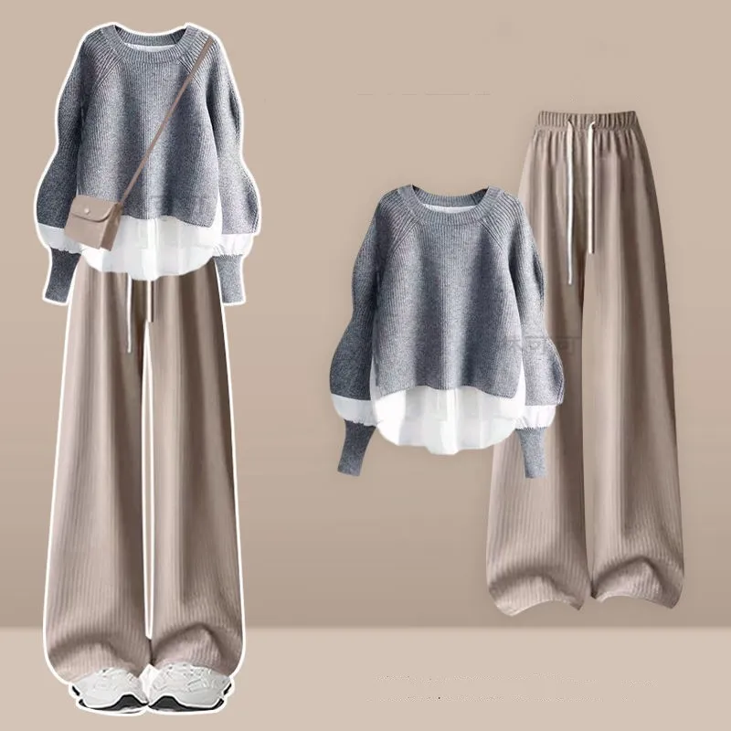 Vrouwen 2025 Herfst/Winter Nieuwe Chic Trainingspak Bijpassende Set Koreaanse Elegante Nep 2 Stuk Lange Mouwen Gebreide trui + Casual Broek Pak