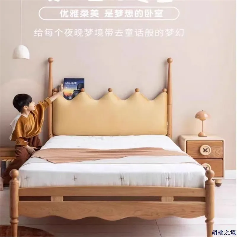 for North American Solid Wood Crown Bed Retro Cherry Soft Upholstered Headboard French Style Princess Prince Kids Bed for