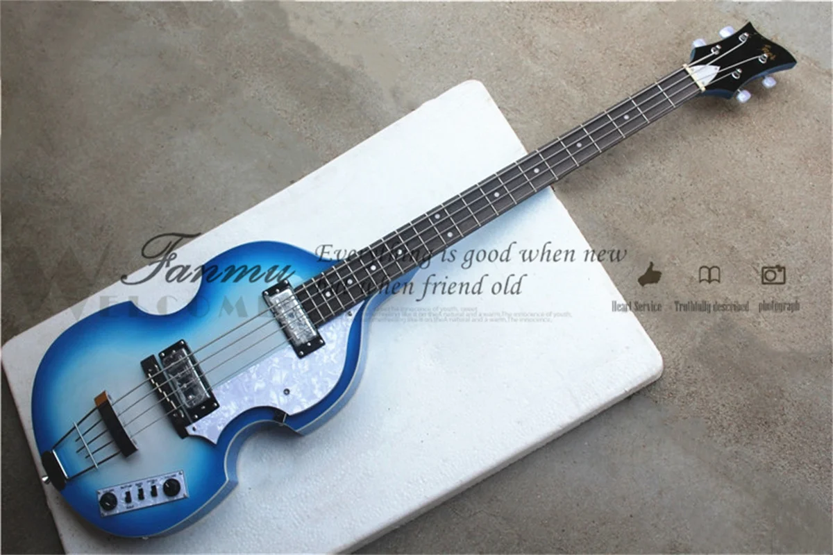 

4-string electric bass guitar, blue-ring silver-pink bass, hollow maple body, white pearl pickguard, rosewood fretboard