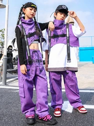 2023 Kpop Kids Hip Hop Clothing Purple Vest Cargo Pants Boys Street Dance Costume Girls Fashion Jazz Performance Suit BL10266