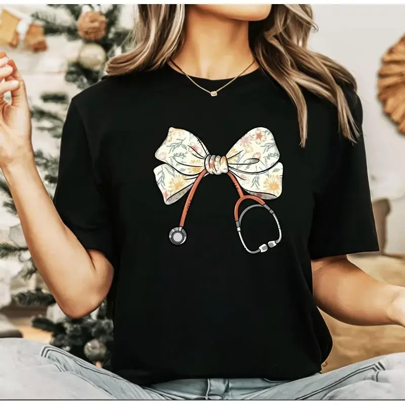 Nurse Toile Stethoscope Bow T Shirt Coquette Appreciatin Healtcare Professionals For
