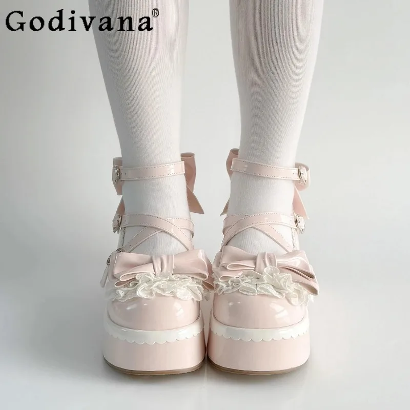

Spring Summer Japanese Sweet Lolita Bow Shoes Cute Sweet Lolita Shoes for Women JK Thick Soled Bow Mary Jane Girls Shoes