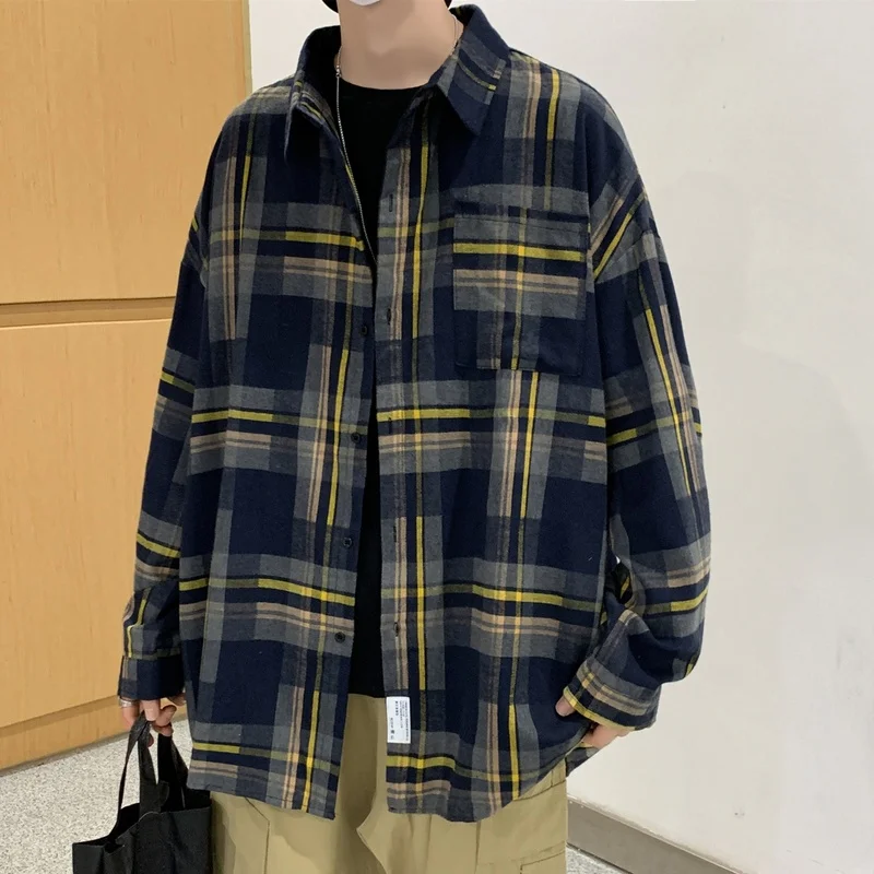 

Size Spring Summer Fashion Men Long Sleeve Vintage Classic Plaid Shirt Coat Boys Loose Casual Shirt Man Men's Shirts Jacket