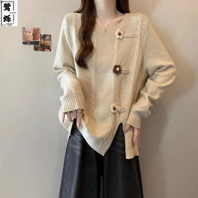 

Свитер женский вязаный осенне-зимний с длинным рукавом, больших размеров, свободного кроя, стильный дизайн, с асимметричным подолом, эффект стройности, в корейском стиле