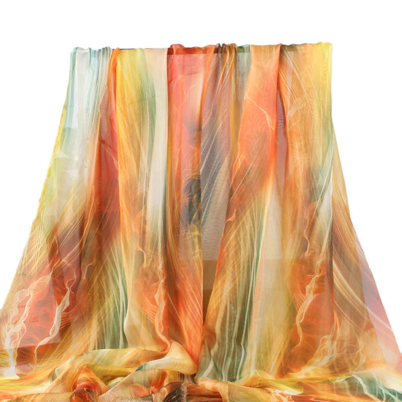 1m Elegant Chiffon Fabric Soft Semi Transparent Gradient Printing Fabric Scarves Hanfu Sheer Dress Skirt Mesh Veil DIY Fabrics