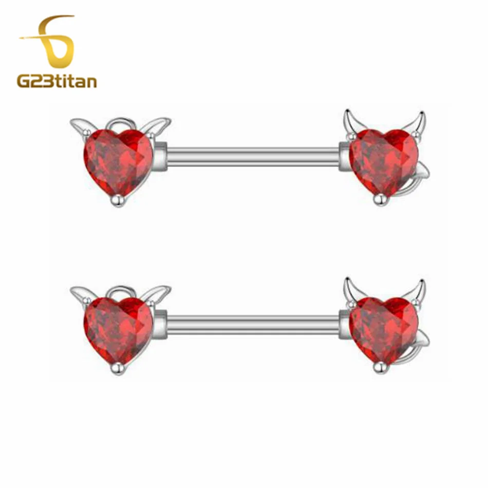 G23titan 2pcs Devil Red Heart Zircon Nipple Piercing Ring for Women 14G Surgical Titanium Barbell Sexy Body Jewelry Accessories