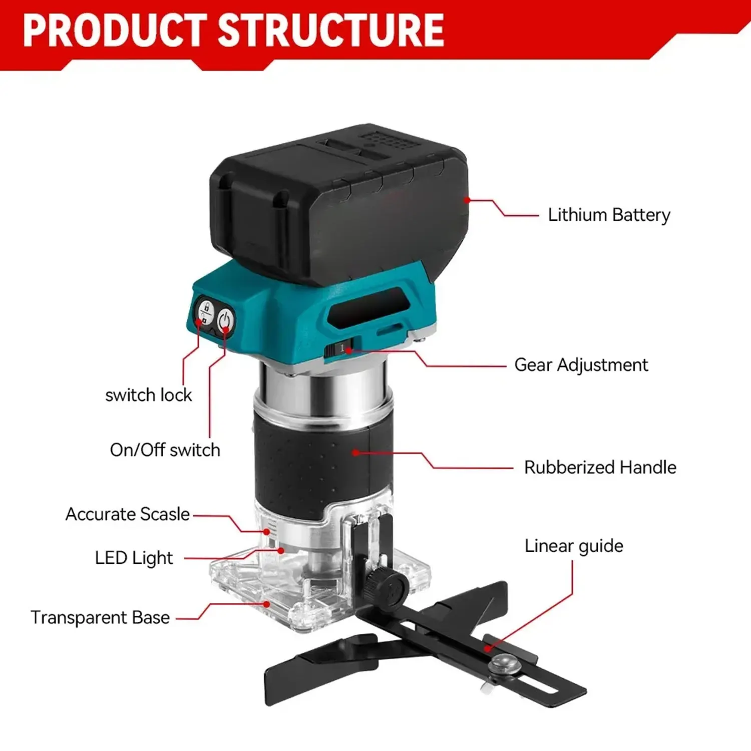 30000PRM Brushless Woodworking Electric Trimmer Cordless Trimming Machine Wood Slotting Milling Carving for Makita 18V Battery